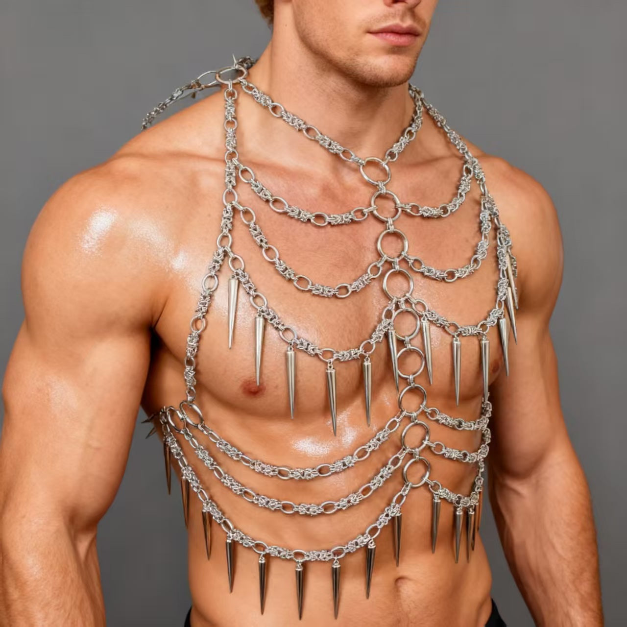 Körpergeschirr, Körperkette, Kettengeschirr, Männer-Körperkettengeschirr, Brustgeschirr, Musikfestivalkleidung, Burning Man-Outfits, Kostüme, Rave-Outfit