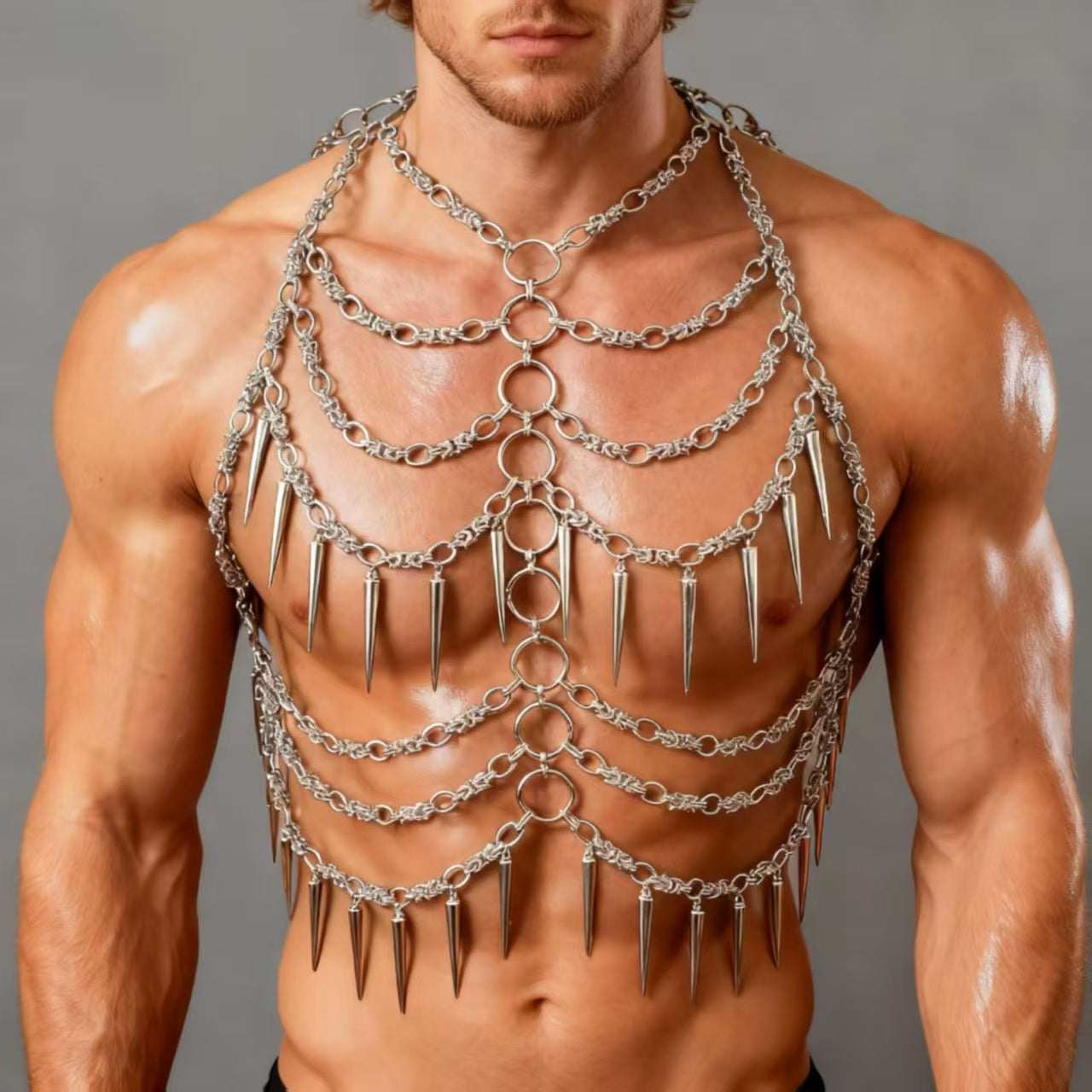 Körpergeschirr, Körperkette, Kettengeschirr, Männer-Körperkettengeschirr, Brustgeschirr, Musikfestivalkleidung, Burning Man-Outfits, Kostüme, Rave-Outfit