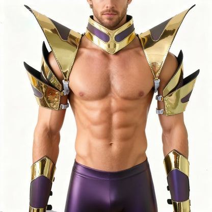 Burning Man Armure réfléchissante holographique à bord doré, pièce d'épaule rave, cape ras du cou du festival, épaulettes, costumes de festival de carnaval, tenues de vêtements