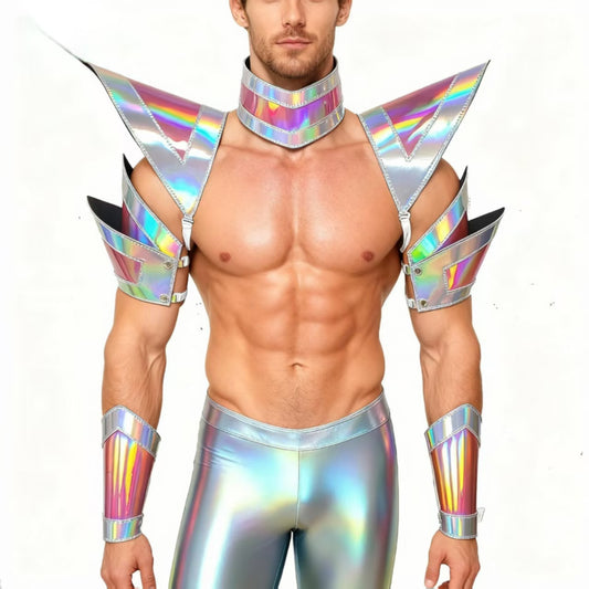 Burning Man Holographic Rave Rüstung,Rave Schultergeschirr,Choker Cape,Schulterpolster,Rave Outfit Karneval EDC Outfit Halloween Kostüm