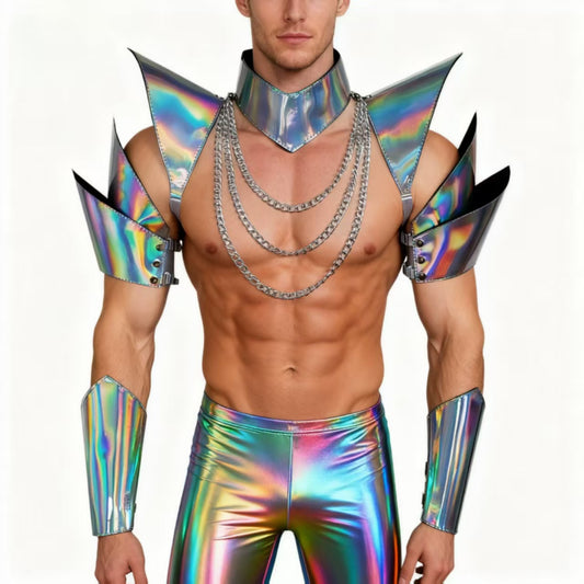 Burning Man holografische Schulterrüstung, Rave-Schulterstück, holografische PU-Armschienen, Manschetten, Armbänder, Festival-Choker-Umhang, Schulterpolster-Kostüm