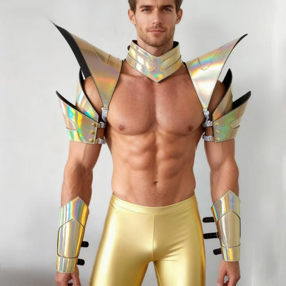 Burning Man Holographic Laser Gold Armure, Pièce d’épaule Rave, Cape ras du cou du Festival, Épaulettes Costumes du Festival de Carnaval Tenue de vêtements