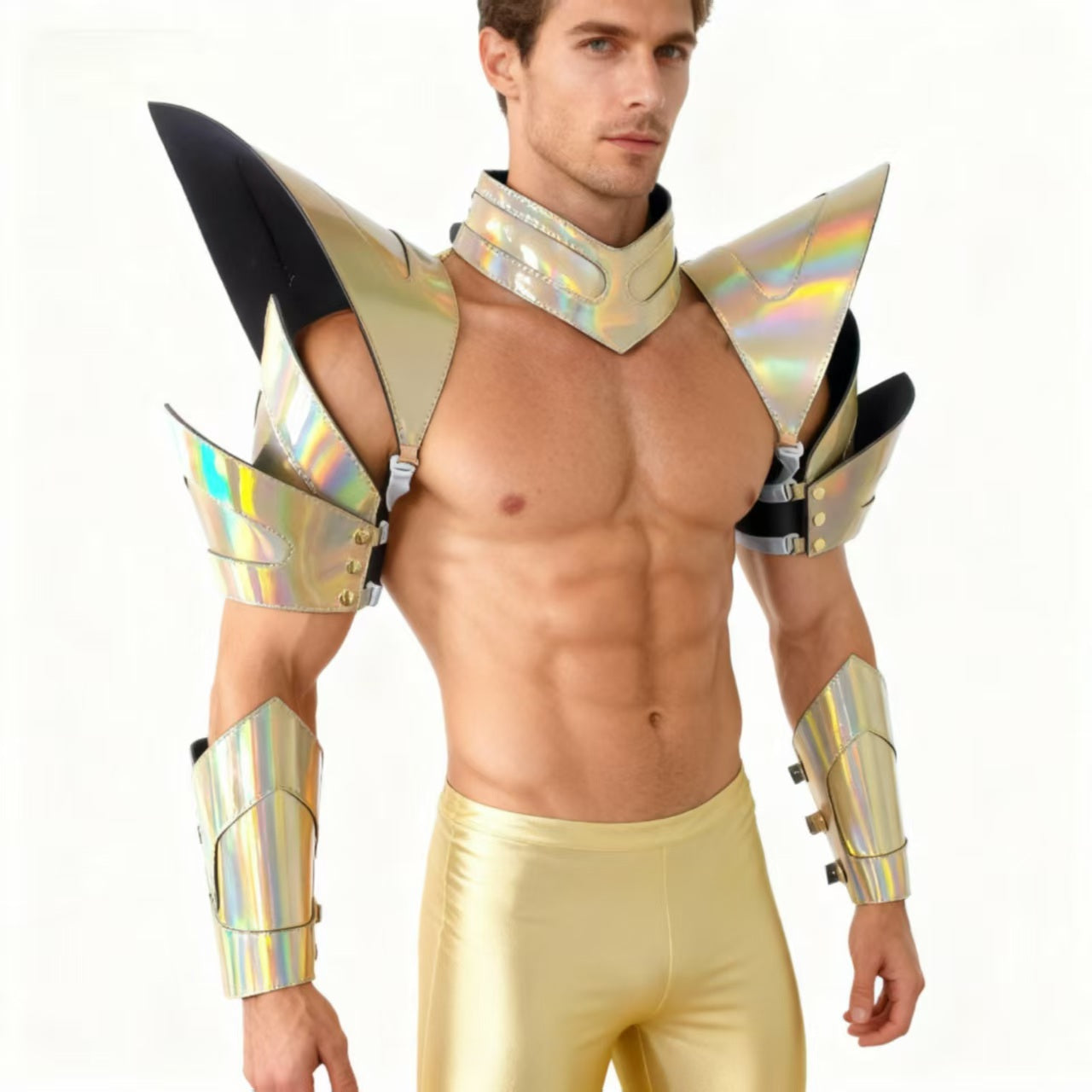Burning Man Holographic Laser Gold Armure, Pièce d’épaule Rave, Cape ras du cou du Festival, Épaulettes Costumes du Festival de Carnaval Tenue de vêtements