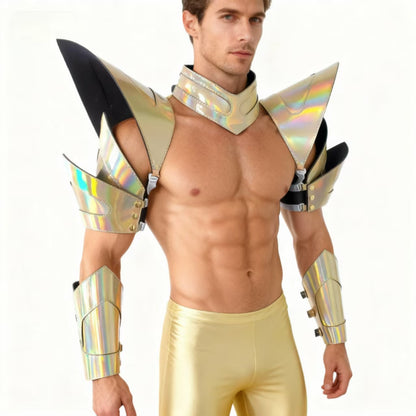 Burning Man Holographic Laser Gold Armure, Pièce d’épaule Rave, Cape ras du cou du Festival, Épaulettes Costumes du Festival de Carnaval Tenue de vêtements