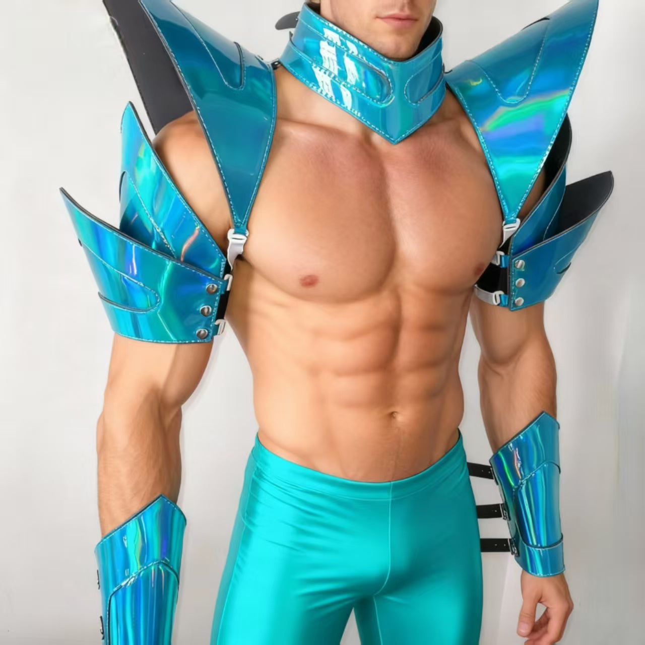 Burning Man Holographic Laser Blue Armor, Pièce d’épaule Rave, Cape ras du cou du Festival, épaulettes Costumes du Festival de Carnaval Tenues de vêtements