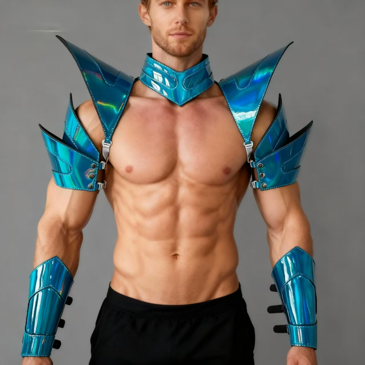 Burning Man Holographic Laser Blue Armor, Pièce d’épaule Rave, Cape ras du cou du Festival, épaulettes Costumes du Festival de Carnaval Tenues de vêtements