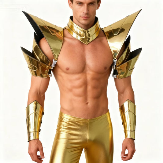 Burning Man holografische goldene Rüstung, Rave-Schulterstück, Festival-Choker-Umhang, Schulterpolster, Karneval, Festival, Kostüme, Kleidung, Outfits