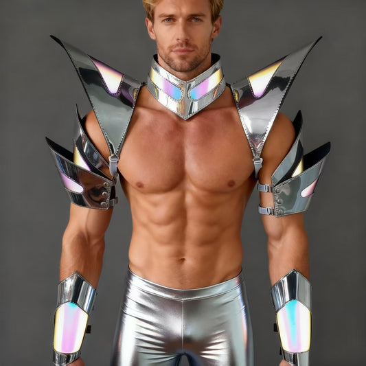 Burning Man holografische silberne Rand-reflektierende Rüstung, Rave-Schulterteil, Festival-Choker-Umhang, Schulterpolster, Karneval, Festival, Kostüme, Kleidung, Outfits