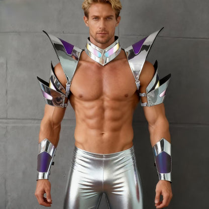 Burning Man holografische silberne Rand-reflektierende Rüstung, Rave-Schulterteil, Festival-Choker-Umhang, Schulterpolster, Karneval, Festival, Kostüme, Kleidung, Outfits
