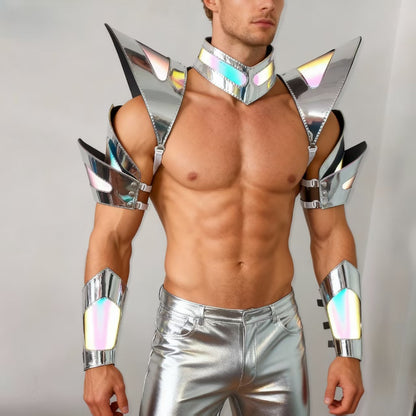 Burning Man holografische silberne Rand-reflektierende Rüstung, Rave-Schulterteil, Festival-Choker-Umhang, Schulterpolster, Karneval, Festival, Kostüme, Kleidung, Outfits