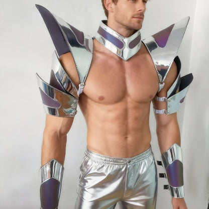 Burning Man holografische silberne Rand-reflektierende Rüstung, Rave-Schulterteil, Festival-Choker-Umhang, Schulterpolster, Karneval, Festival, Kostüme, Kleidung, Outfits