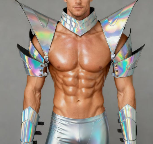 Burning Man holografische Laser-Silberrüstung, Rave-Schulterstück, Festival-Choker-Umhang, Schulterpolster, Karneval, Festival, Kostüme, Kleidung, Outfit