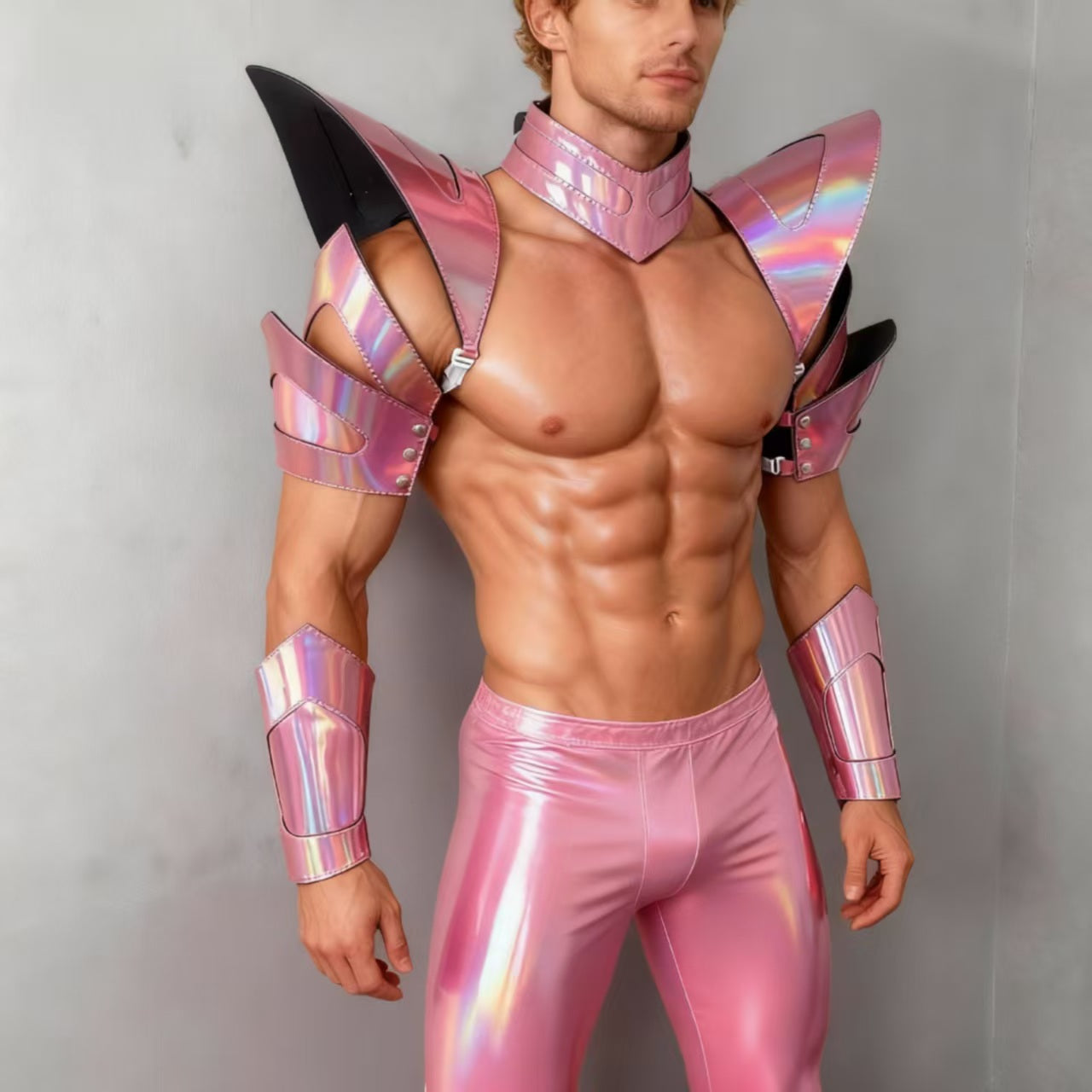 Burning Man Holographique Laser Rose Armure, Pièce d’épaule Rave, Cape ras du cou du Festival, Épaulettes Costumes du Festival de Carnaval Tenues de vêtements