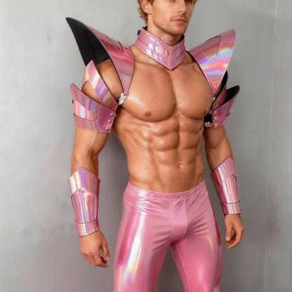 Burning Man Holographique Laser Rose Armure, Pièce d’épaule Rave, Cape ras du cou du Festival, Épaulettes Costumes du Festival de Carnaval Tenues de vêtements