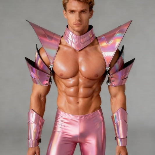 Burning Man Holographic Laser Pink Armor, Rave Schulterstück, Festival Choker Cape, Schulterpolster Karneval Festival Kostüme Kleidung Outfits