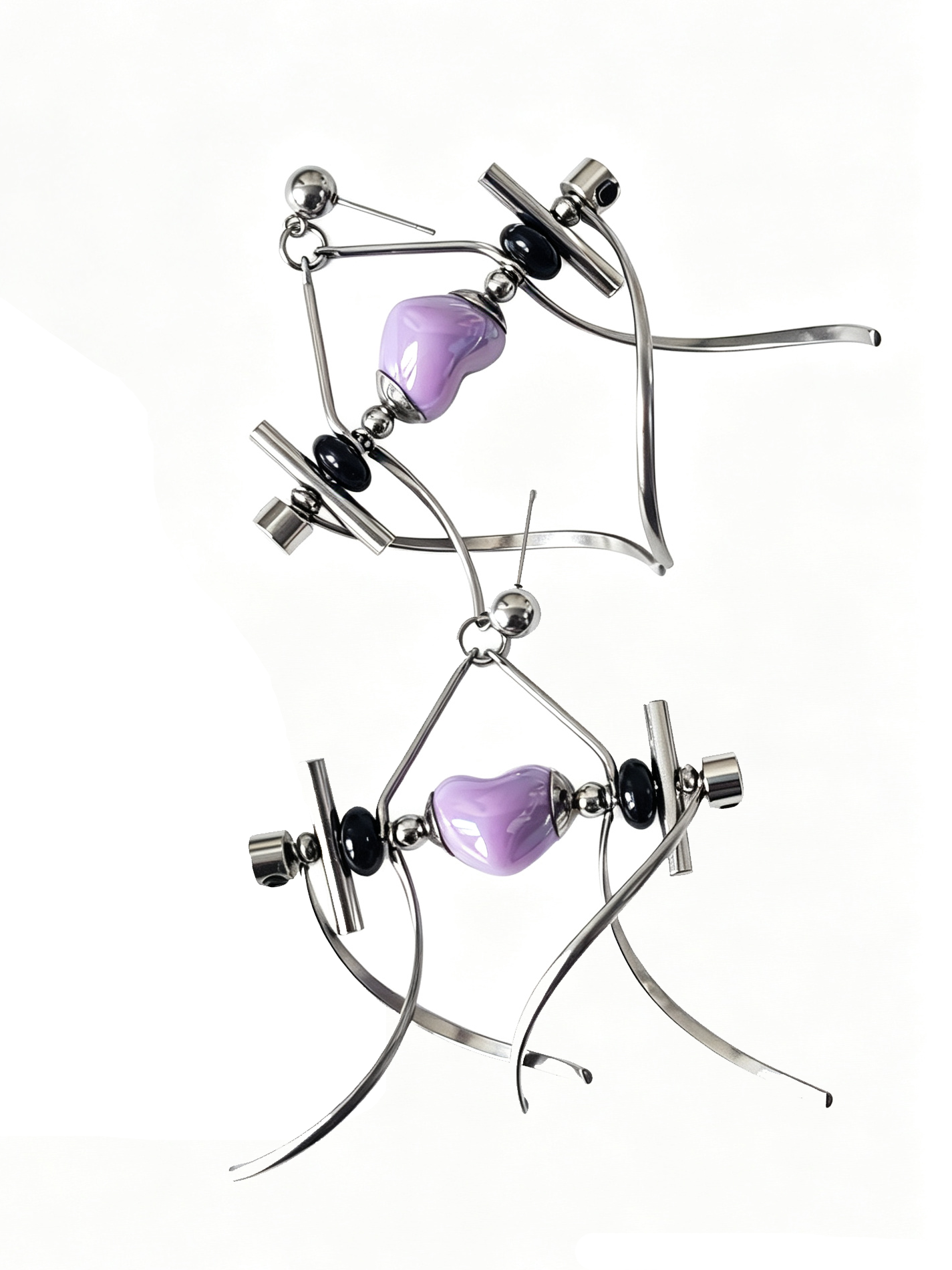 Punk Handmade Stainless Steel Earring, Purple Heart UV Bead Gothic Dangle Drop Earring Jewelry for Man