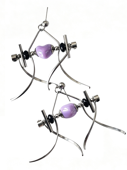 Punk Handmade Stainless Steel Earring, Purple Heart UV Bead Gothic Dangle Drop Earring Jewelry for Man