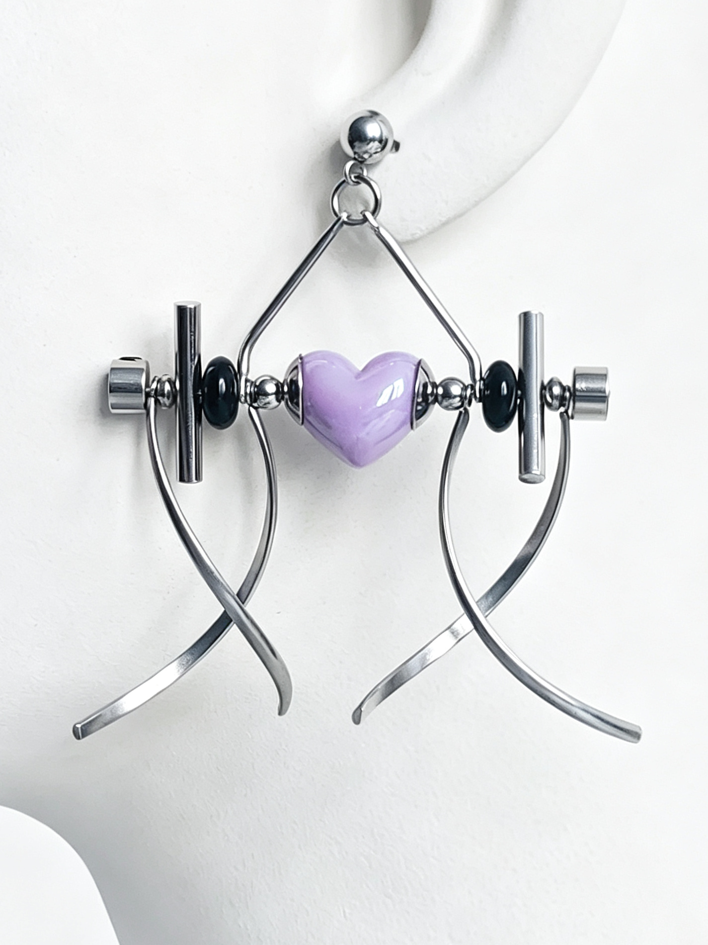 Punk Handmade Stainless Steel Earring, Purple Heart UV Bead Gothic Dangle Drop Earring Jewelry for Man