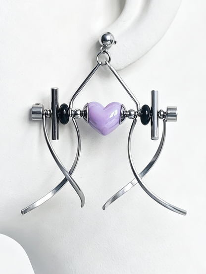Punk Handmade Stainless Steel Earring, Purple Heart UV Bead Gothic Dangle Drop Earring Jewelry for Man
