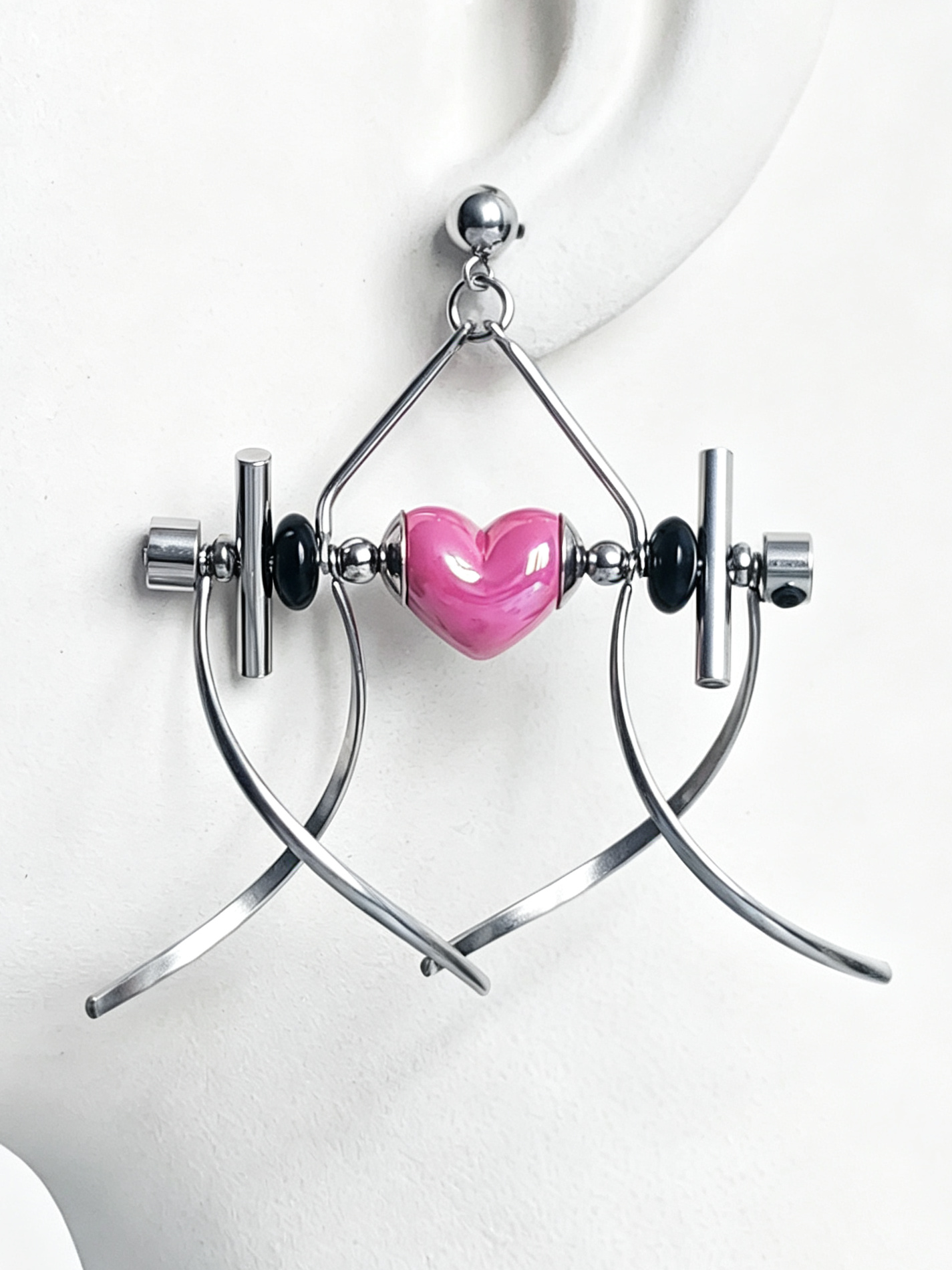 Punk Handmade Stainless Steel Earring, Hot Pink Heart UV Bead Gothic Dangle Drop Earring Jewelry for Man