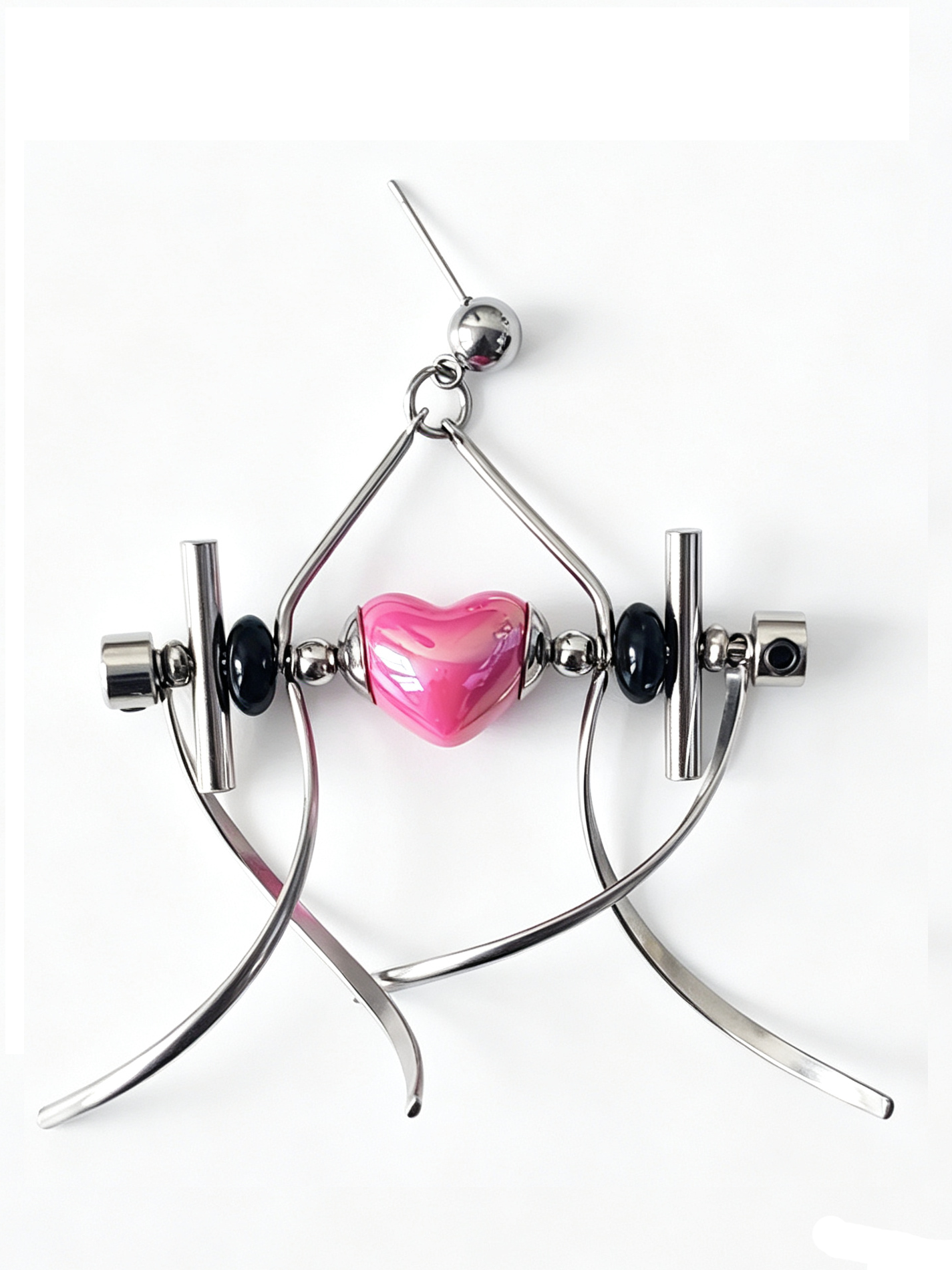 Punk Handmade Stainless Steel Earring, Hot Pink Heart UV Bead Gothic Dangle Drop Earring Jewelry for Man