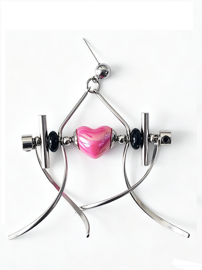 Punk Handmade Stainless Steel Earring, Hot Pink Heart UV Bead Gothic Dangle Drop Earring Jewelry for Man