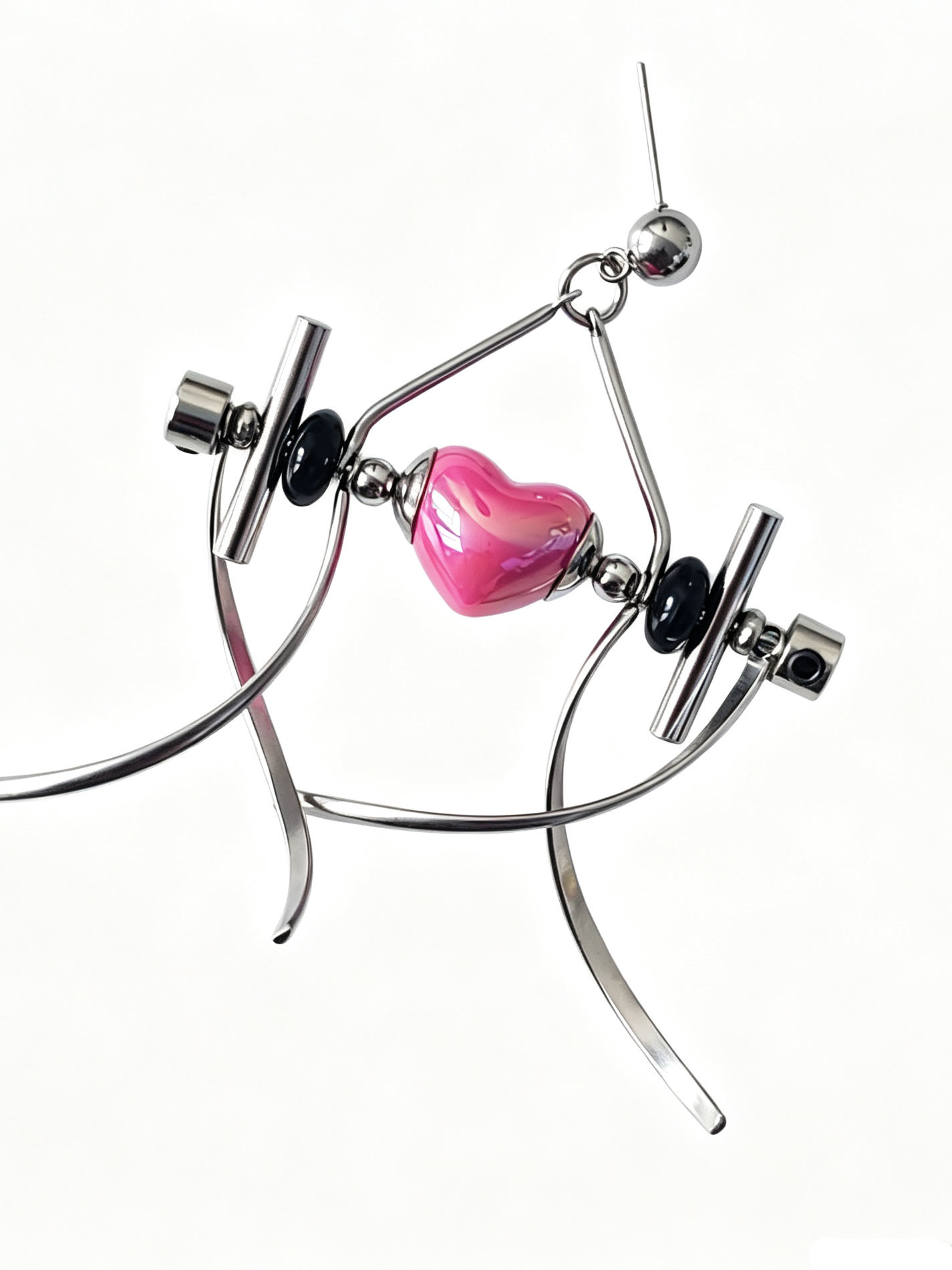 Punk Handmade Stainless Steel Earring, Hot Pink Heart UV Bead Gothic Dangle Drop Earring Jewelry for Man