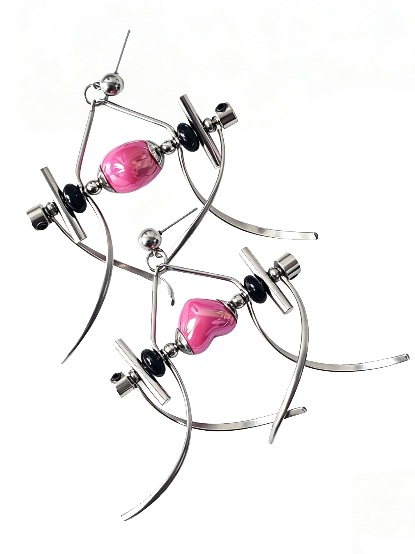 Punk Handmade Stainless Steel Earring, Hot Pink Heart UV Bead Gothic Dangle Drop Earring Jewelry for Man
