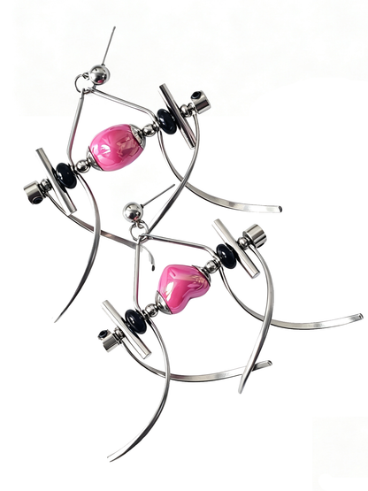 Punk Handmade Stainless Steel Earring, Hot Pink Heart UV Bead Gothic Dangle Drop Earring Jewelry for Man