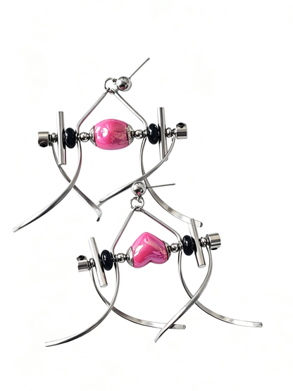 Punk Handmade Stainless Steel Earring, Hot Pink Heart UV Bead Gothic Dangle Drop Earring Jewelry for Man