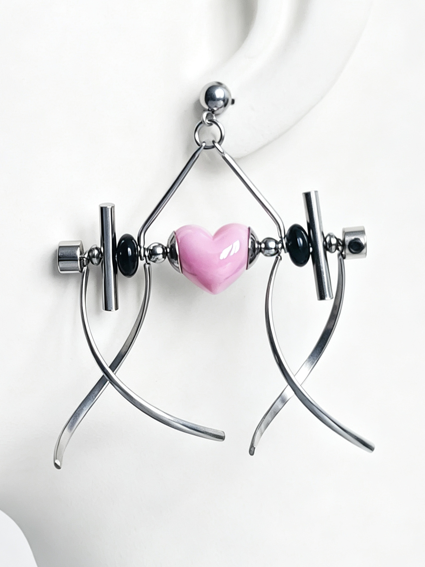 Punk Handmade Stainless Steel Earring, Light Pink Heart UV Bead Gothic Dangle Drop Earring Jewelry for Man