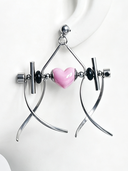Punk Handmade Stainless Steel Earring, Light Pink Heart UV Bead Gothic Dangle Drop Earring Jewelry for Man