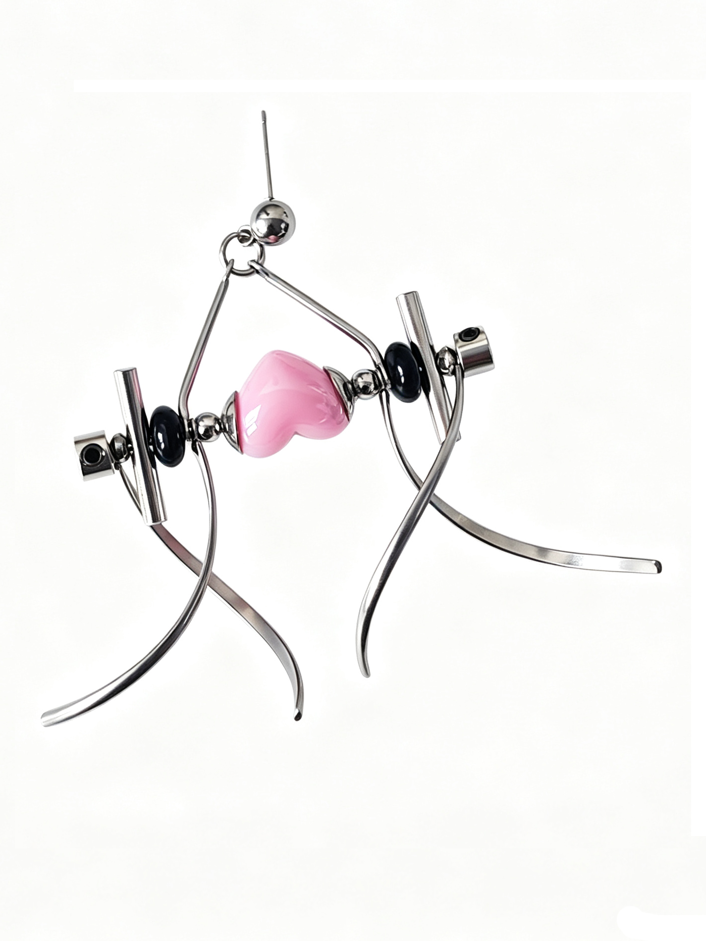 Punk Handmade Stainless Steel Earring, Light Pink Heart UV Bead Gothic Dangle Drop Earring Jewelry for Man