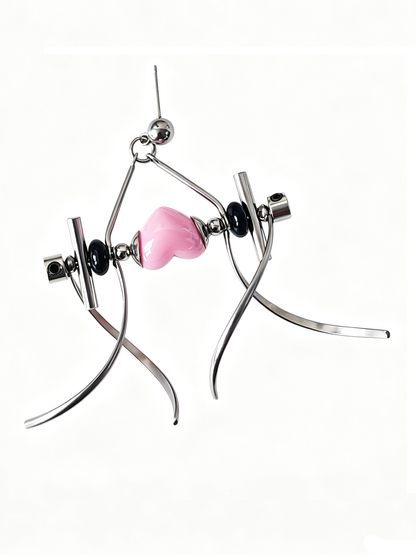 Punk Handmade Stainless Steel Earring, Light Pink Heart UV Bead Gothic Dangle Drop Earring Jewelry for Man
