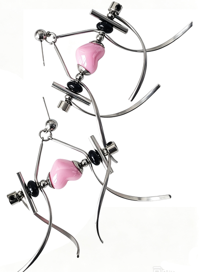 Punk Handmade Stainless Steel Earring, Light Pink Heart UV Bead Gothic Dangle Drop Earring Jewelry for Man