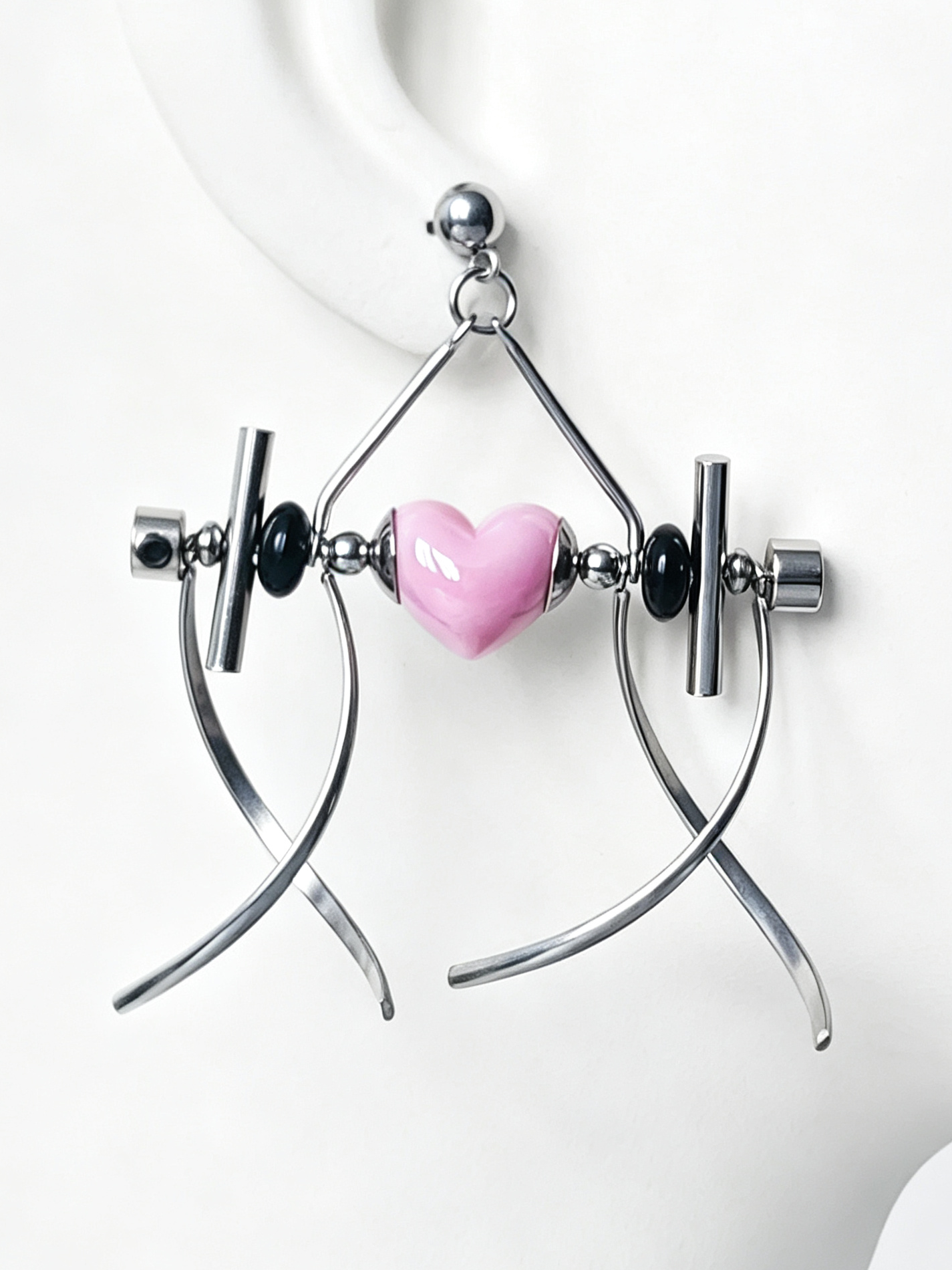 Punk Handmade Stainless Steel Earring, Light Pink Heart UV Bead Gothic Dangle Drop Earring Jewelry