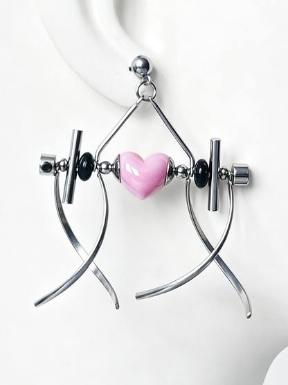 Punk Handmade Stainless Steel Earring, Light Pink Heart UV Bead Gothic Dangle Drop Earring Jewelry