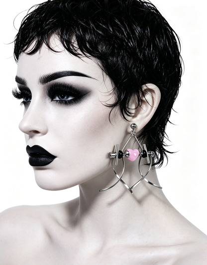 Punk Handmade Stainless Steel Earring, Light Pink Heart UV Bead Gothic Dangle Drop Earring Jewelry