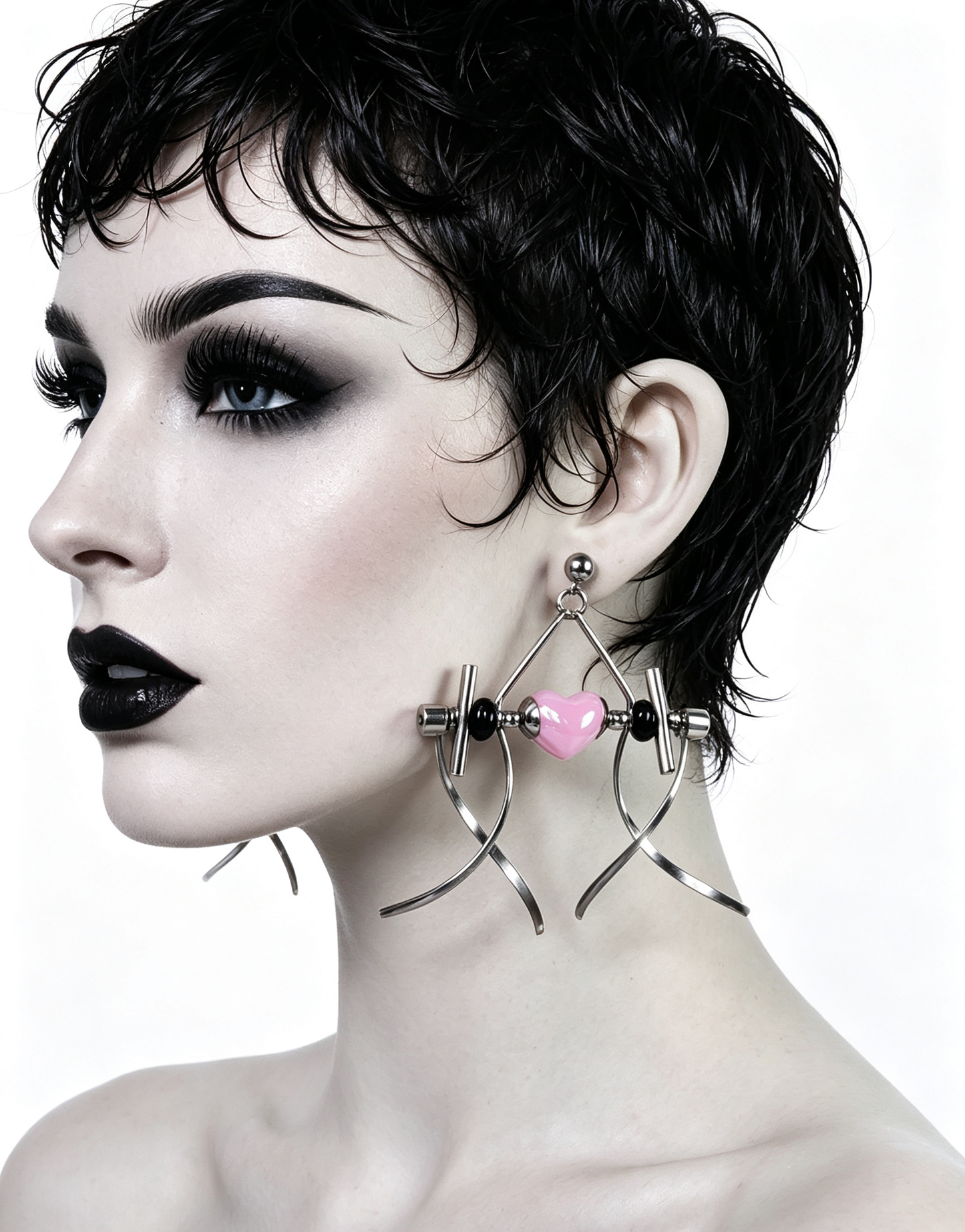 Punk Handmade Stainless Steel Earring, Light Pink Heart UV Bead Gothic Dangle Drop Earring Jewelry