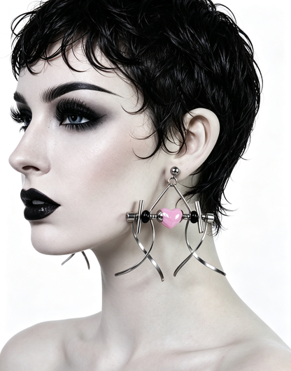 Punk Handmade Stainless Steel Earring, Light Pink Heart UV Bead Gothic Dangle Drop Earring Jewelry