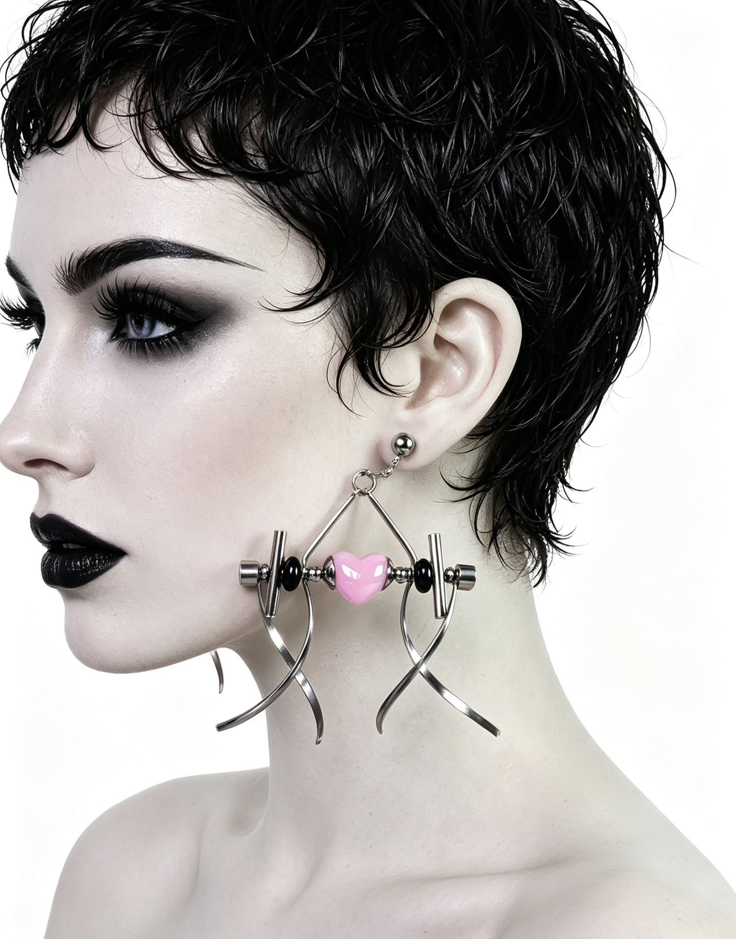 Punk Handmade Stainless Steel Earring, Light Pink Heart UV Bead Gothic Dangle Drop Earring Jewelry