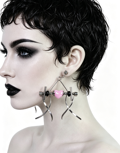 Punk Handmade Stainless Steel Earring, Light Pink Heart UV Bead Gothic Dangle Drop Earring Jewelry