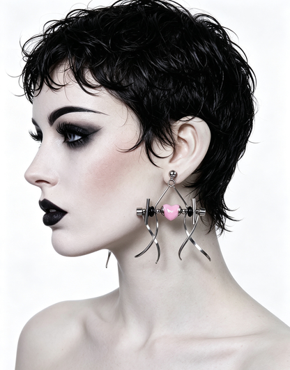 Punk Handmade Stainless Steel Earring, Light Pink Heart UV Bead Gothic Dangle Drop Earring Jewelry