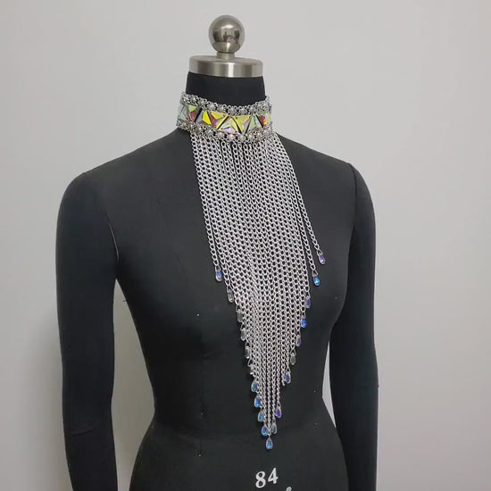 Burning Man Holographic Fringe Chain Necklance Collar / Tassel Steampunk Jewelry Collar / Tassel Chocker Long Necklace / Rhinestone Necklace