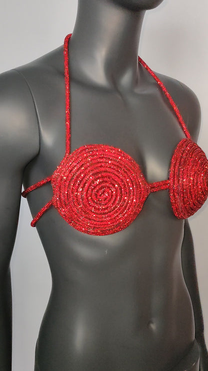 Rave Outfits Handmade Red Crystal Bra, Sexy Disco Party Night Club Outfit Bra, Women's Sexy Halter Shiny Bra Top, Rhinestones Embellished Lingerie Bra