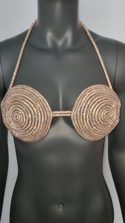 Rave Outfits Handmade Champagne Crystal Bra, Sexy Disco Party Night Club Outfit Bra, Women's Sexy Halter Shiny Bra Top, Rhinestones Embellished Lingerie Bra