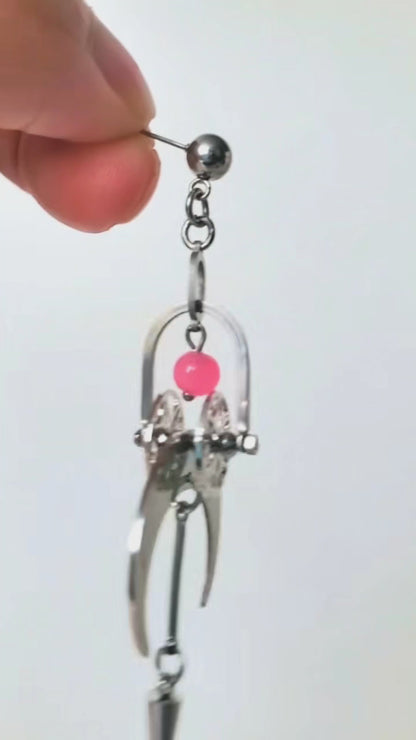 Handmade Cyber Goth Long Dangle Earrings, Stainless Steel Moon Spike Earrings, Red Glass Bead Gothic Punk Statement Earrings, Original Unique Design