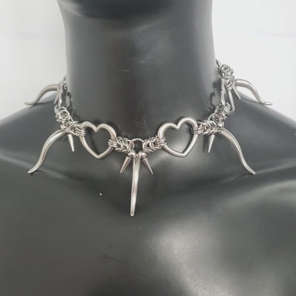 Punk Stainless Steel Chain Necklace, Mens + Womens Silver Stainless Steel Spike Pendant Necklace, Heart Ring Necklace