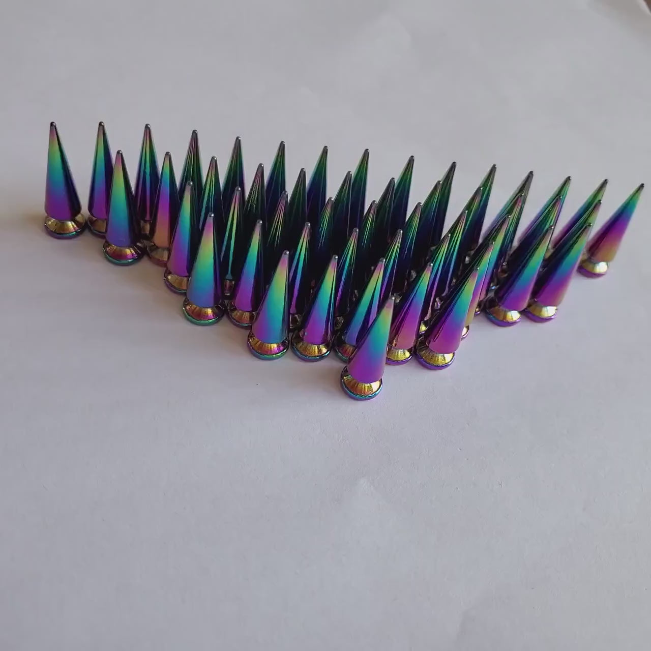 Wholesale 50pcs Holographic Rainbow Tree Spikes Rivet Studs with Screwback Metal Spikes for Leathercraft, Leather Findings and Accessories