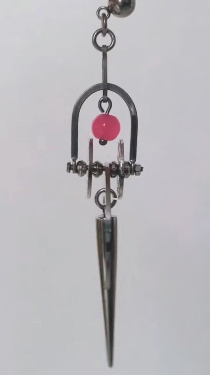 Handmade Cyber Goth Long Dangle Earrings, Stainless Steel Moon Spike Earrings, Watermelon Red Glass Bead Punk Statement Earrings, Original Alt Jewelry